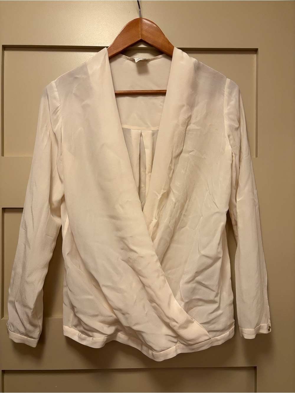 CLUB MONACO Silk Drape Crossover Plunge Sheer Long Sleeve Blouse Pale Peach Pink